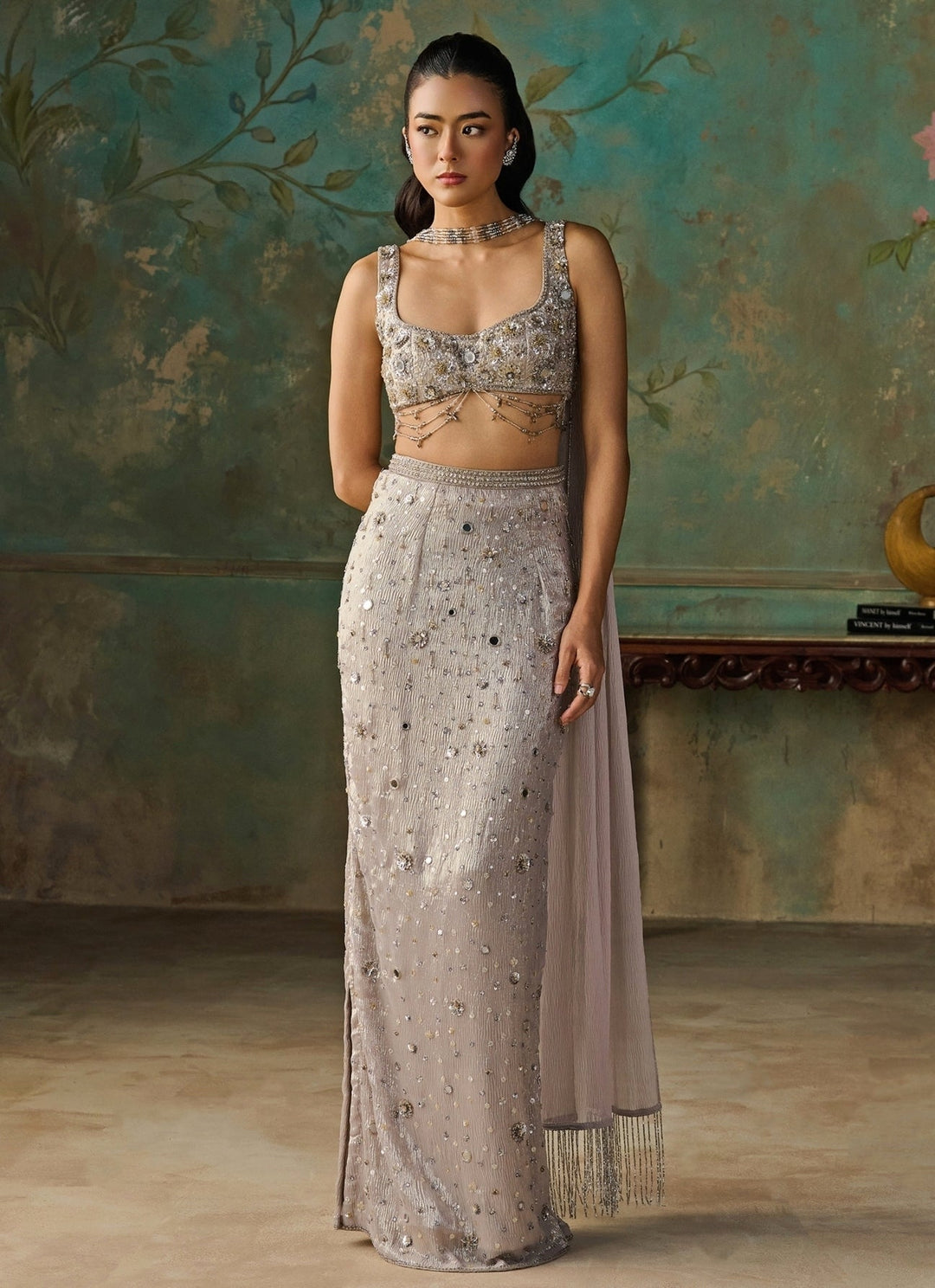 Zoon Tribe Silver Foil Georgette Slit Pencil Skirt SetFabilicious Fashion