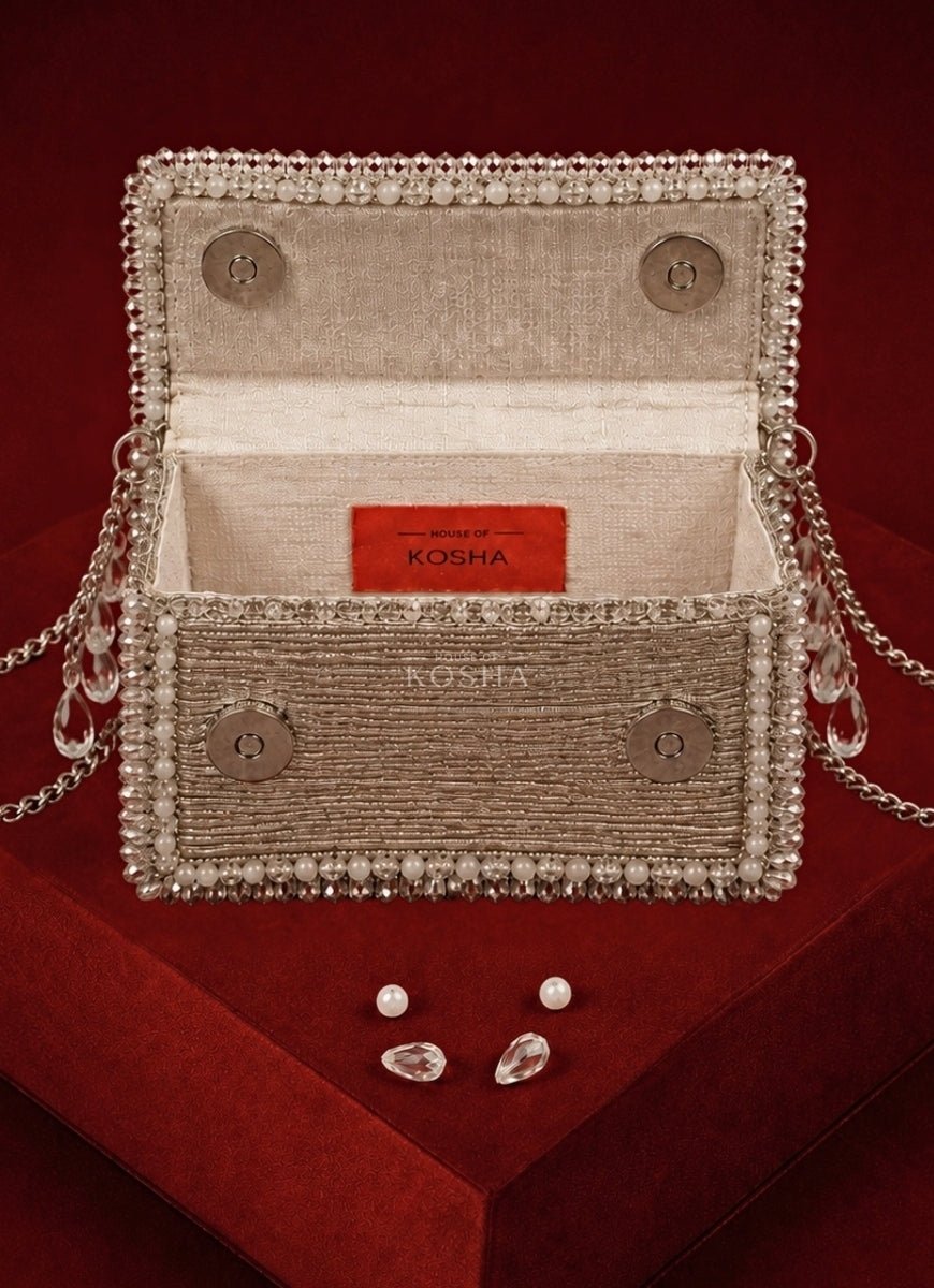 House of Kosha Silver Georgette Embellished ClutchFabilicious Fashion