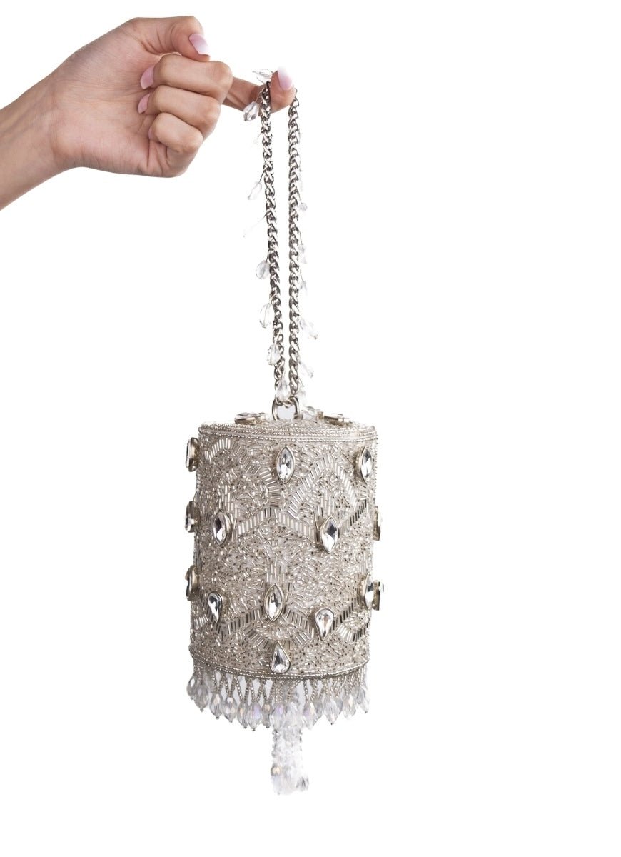 Silver Georgette Embellished Cylinder Mini Bag House of Kosha - Fabilicious Fashion