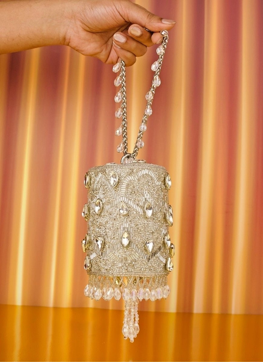 Silver Georgette Embellished Cylinder Mini Bag House of Kosha - Fabilicious Fashion