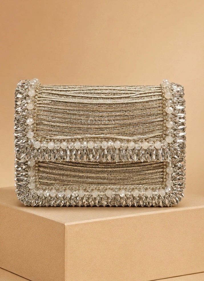 House of Kosha Silver Georgette Embellished Mini BagFabilicious Fashion