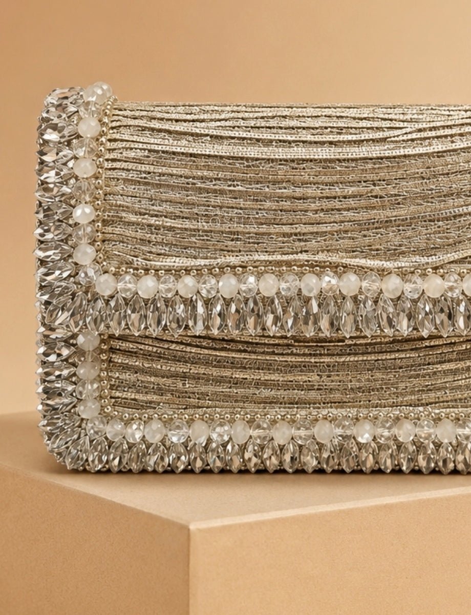 House of Kosha Silver Georgette Embellished Mini BagFabilicious Fashion