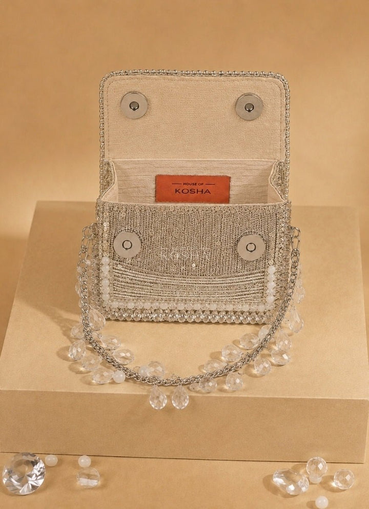 House of Kosha Silver Georgette Embellished Mini BagFabilicious Fashion