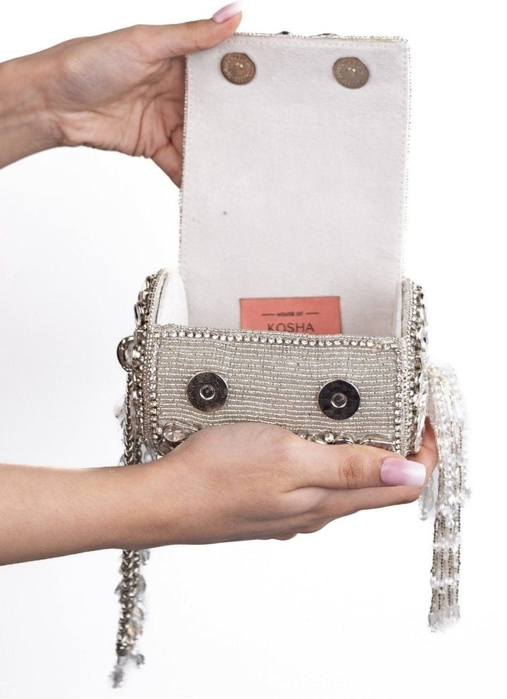 Silver Georgette Embellished Mini Cylinder Bag House of Kosha - Fabilicious Fashion