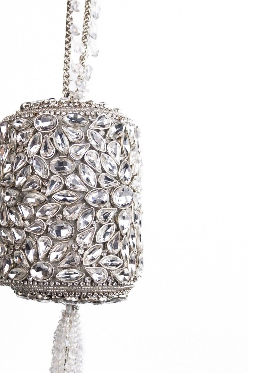 Silver Georgette Embellished Mini Cylinder Bag House of Kosha - Fabilicious Fashion