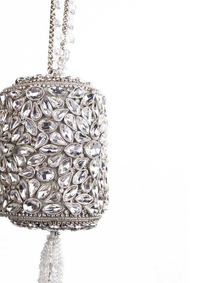 Silver Georgette Embellished Mini Cylinder Bag House of Kosha - Fabilicious Fashion