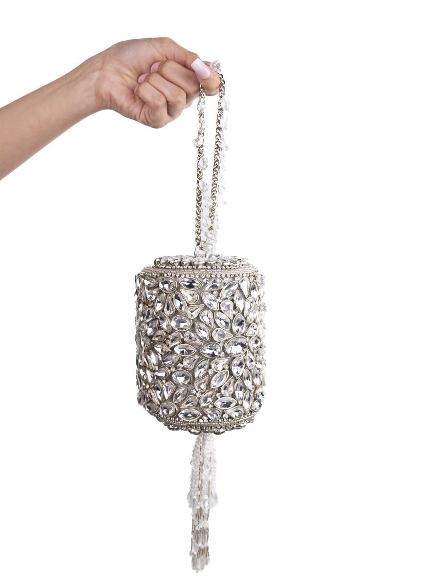 Silver Georgette Embellished Mini Cylinder Bag House of Kosha - Fabilicious Fashion
