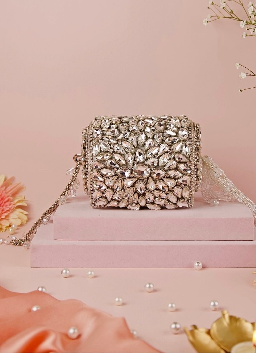 Silver Georgette Embellished Mini Cylinder Bag House of Kosha - Fabilicious Fashion