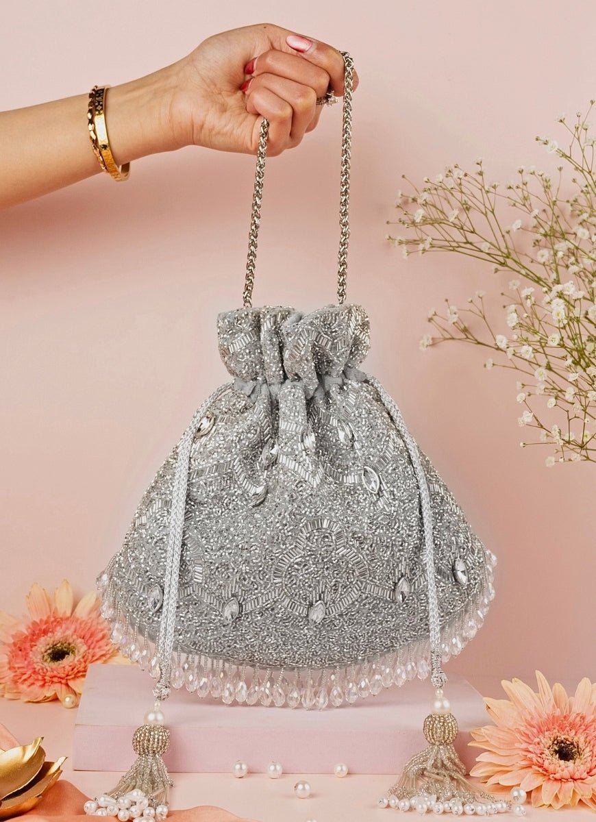 Silver Georgette Embellished Potli House of Kosha - Fabilicious Fashion