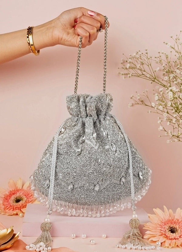 Silver Georgette Embellished Potli