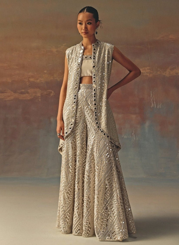 Twenty Nine Silver Georgette Mirrorwork Blouse Sharara With JacketFabilicious Fashion
