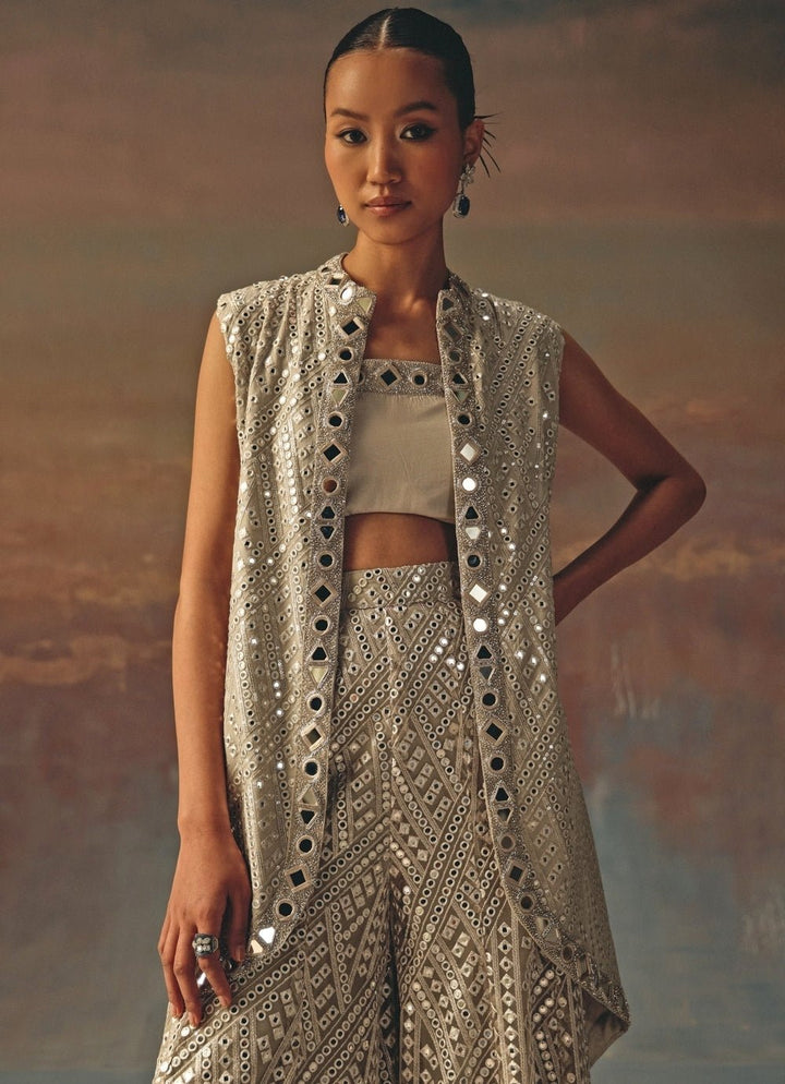 Twenty Nine Silver Georgette Mirrorwork Blouse Sharara With JacketFabilicious Fashion
