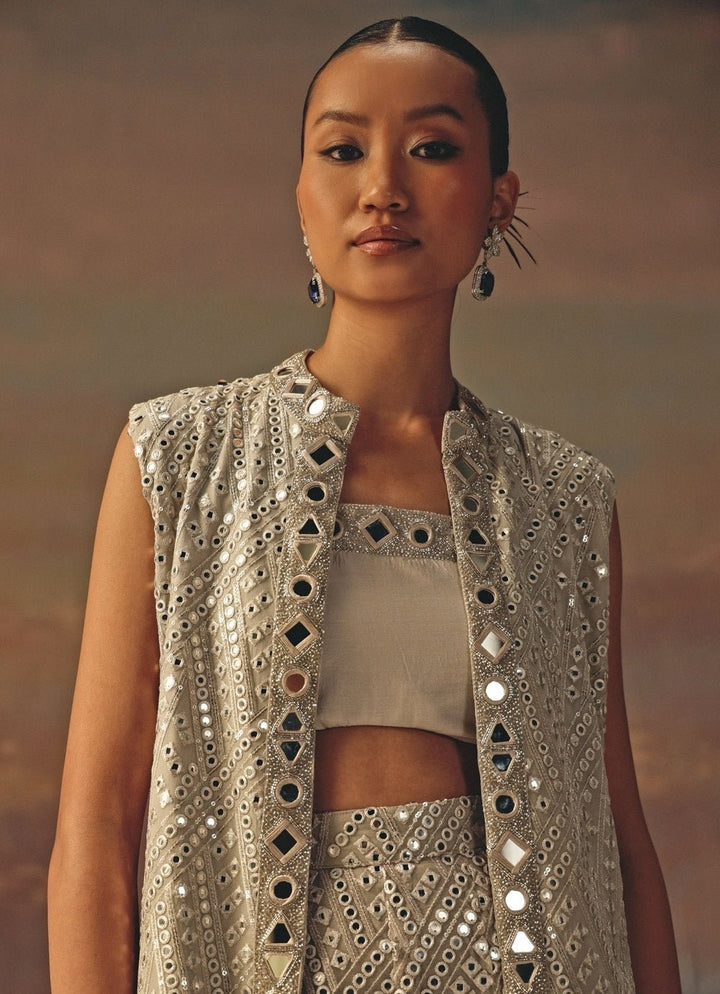 Twenty Nine Silver Georgette Mirrorwork Blouse Sharara With JacketFabilicious Fashion