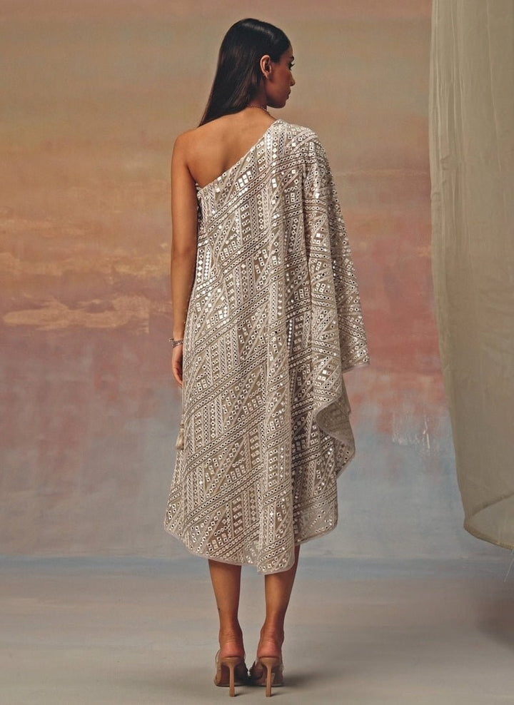 Twenty Nine Silver Georgette One-Shoulder Mirrorwork DressFabilicious Fashion