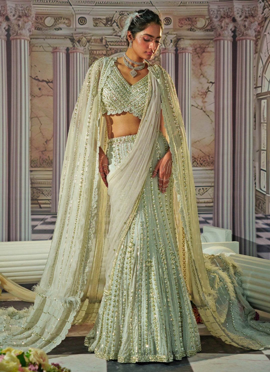 Silver Grey Embroidered Georgette Fishtail Lehenga With Long Cape Nidhika Shekhar - Fabilicious Fashion
