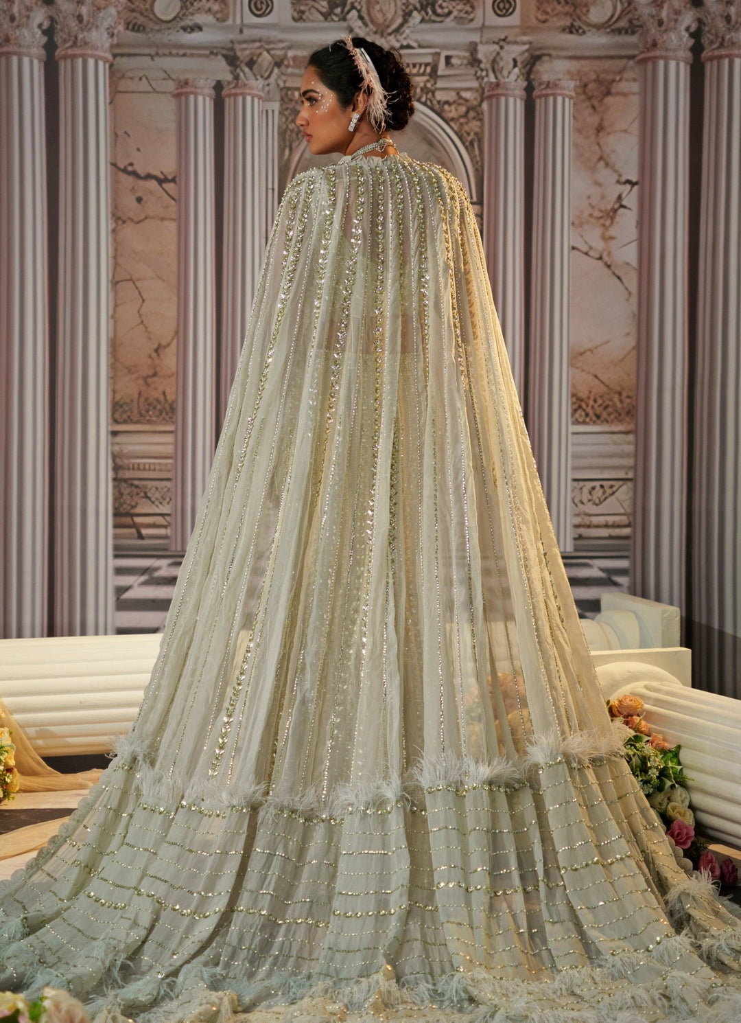 Silver Grey Embroidered Georgette Fishtail Lehenga With Long Cape Nidhika Shekhar - Fabilicious Fashion