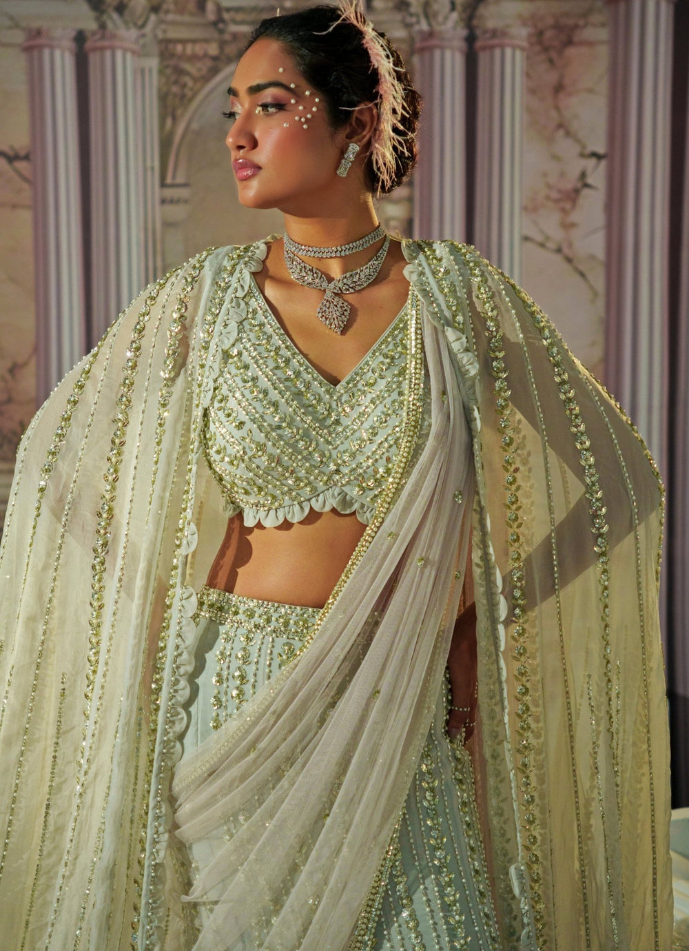 Silver Grey Embroidered Georgette Fishtail Lehenga With Long Cape Nidhika Shekhar - Fabilicious Fashion