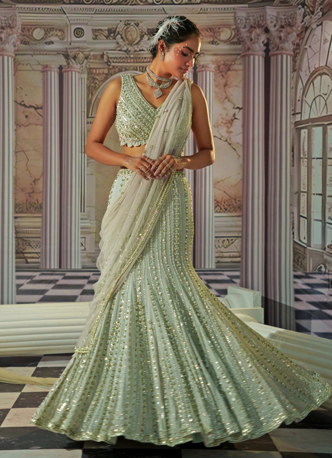 Silver Grey Embroidered Georgette Fishtail Lehenga With Long Cape Nidhika Shekhar - Fabilicious Fashion