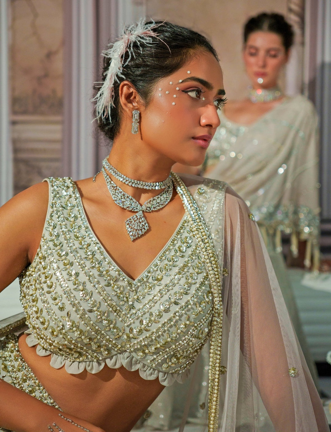 Silver Grey Embroidered Georgette Fishtail Lehenga With Long Cape Nidhika Shekhar - Fabilicious Fashion