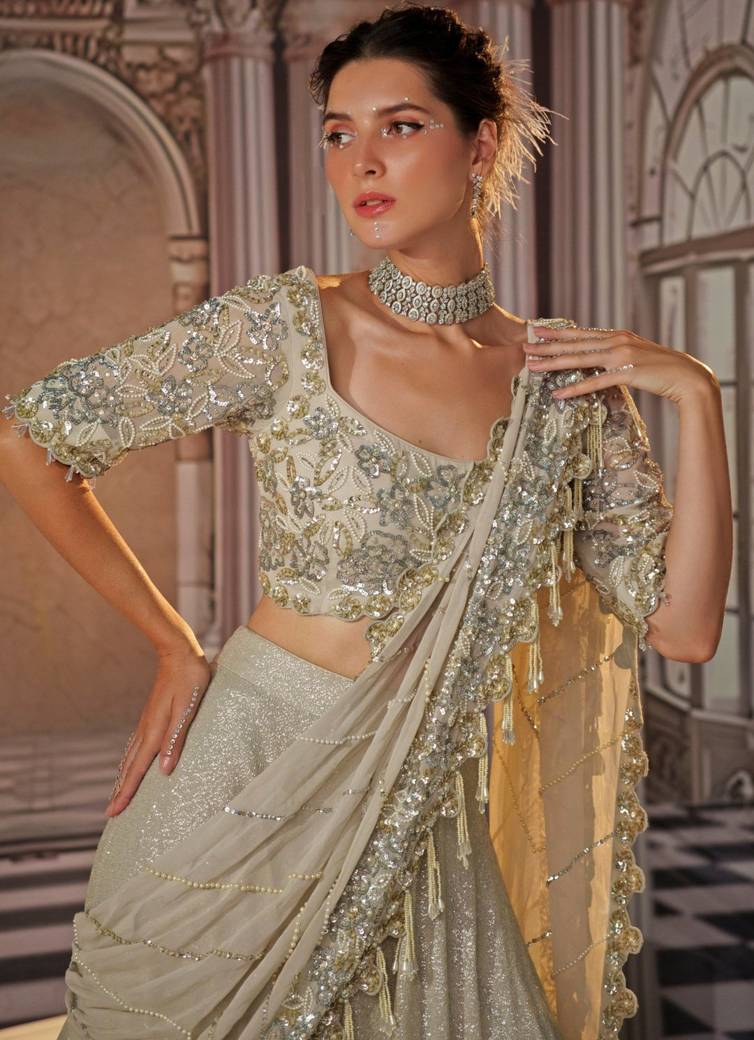 Silver Grey Embroidered Sequence Skirt Saree Nidhika Shekhar - Fabilicious Fashion