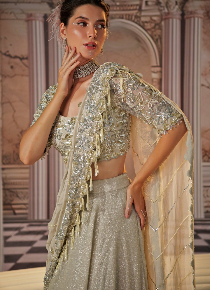 Silver Grey Embroidered Sequence Skirt Saree Nidhika Shekhar - Fabilicious Fashion