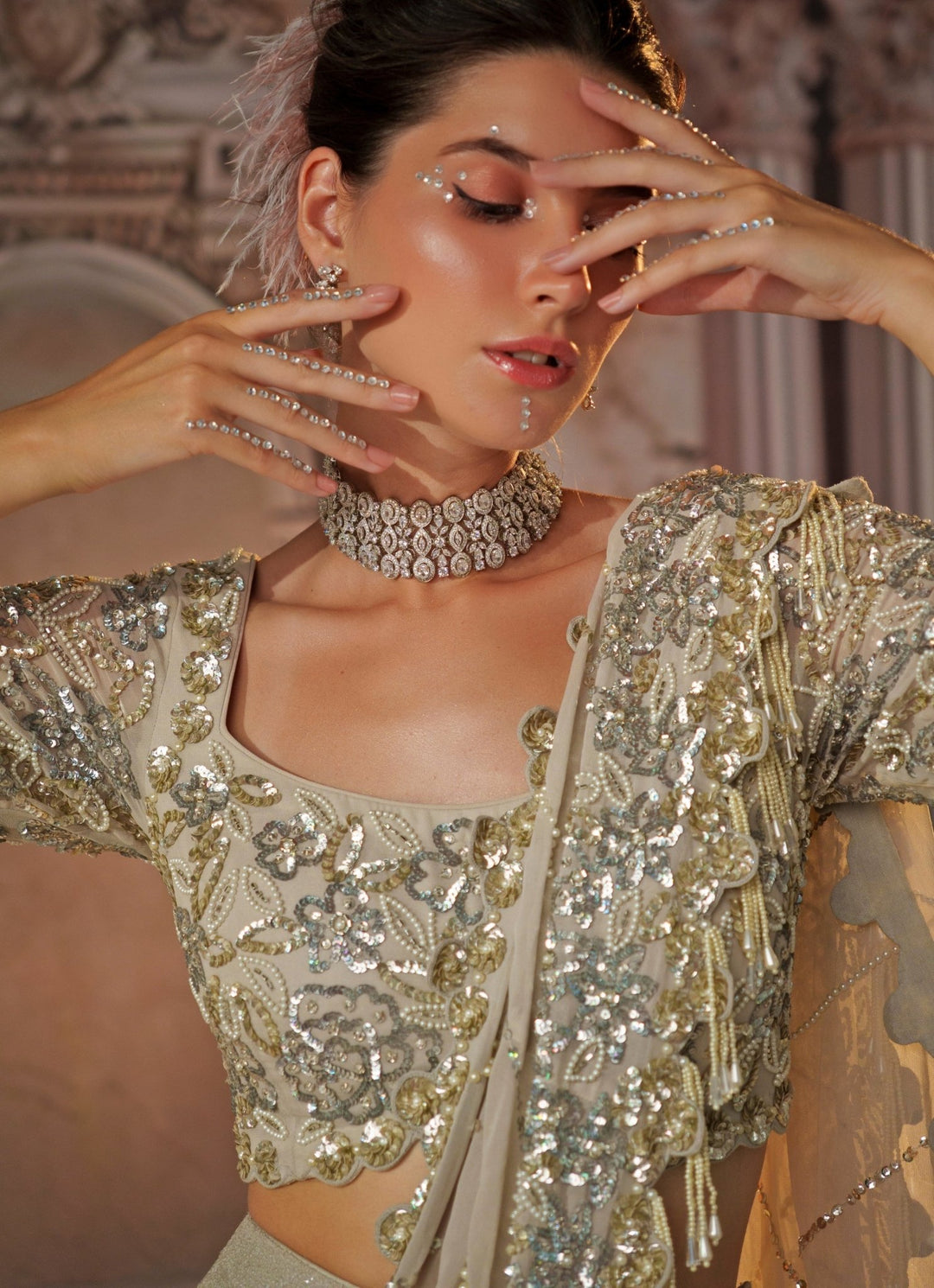 Silver Grey Embroidered Sequence Skirt Saree Nidhika Shekhar - Fabilicious Fashion