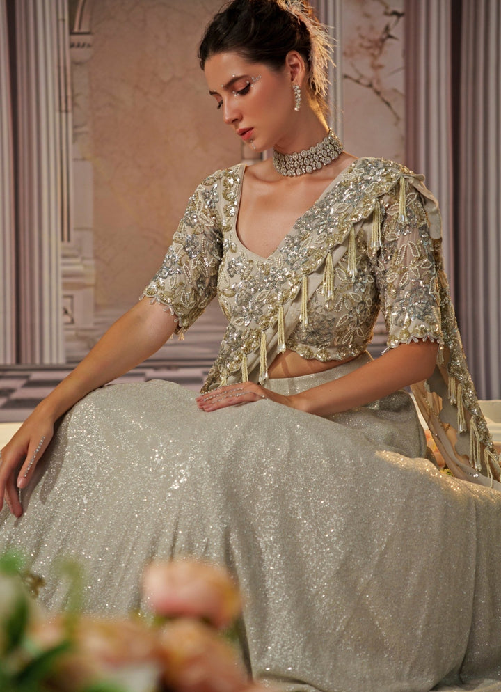 Silver Grey Embroidered Sequence Skirt Saree Nidhika Shekhar - Fabilicious Fashion