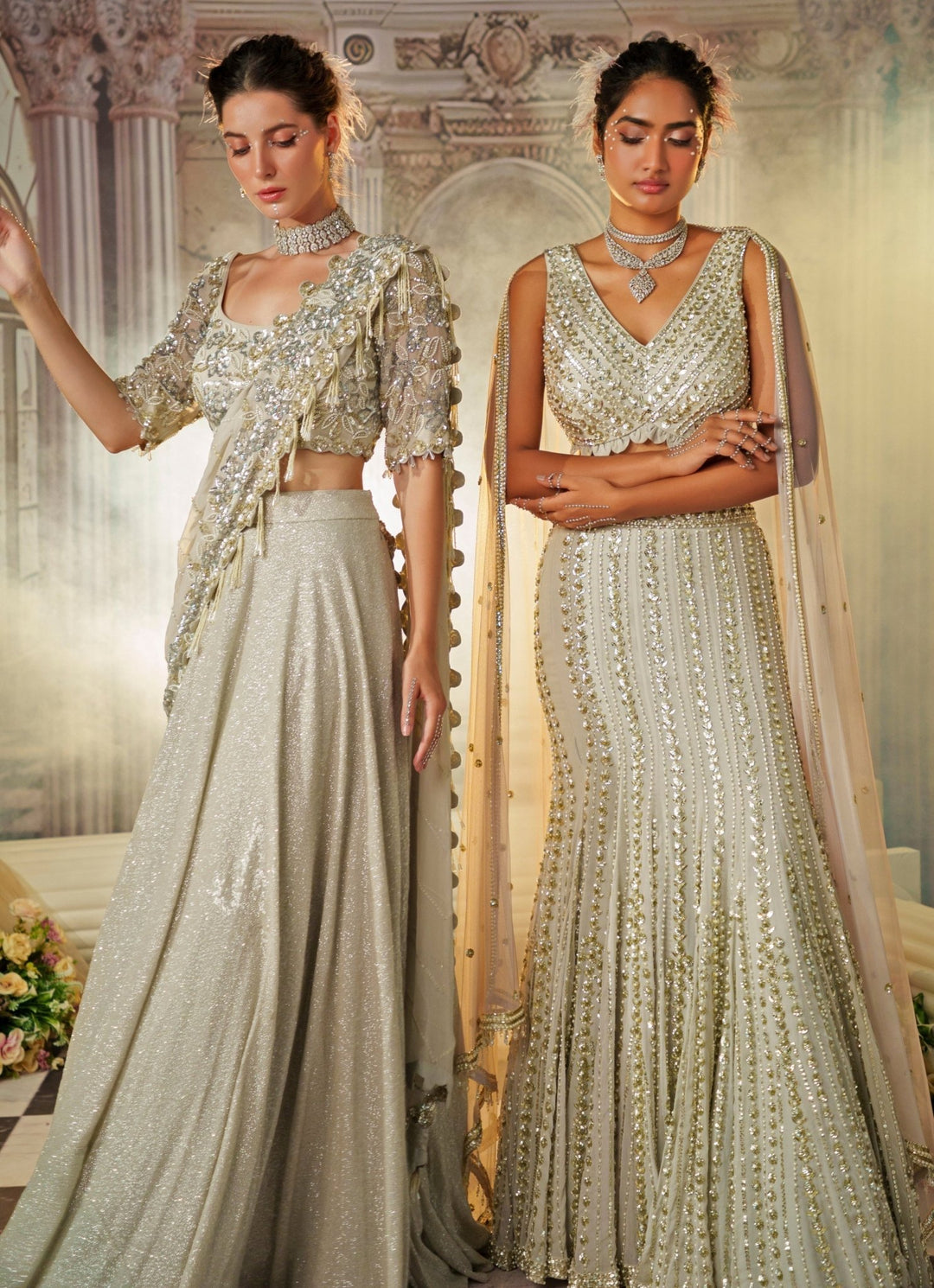 Silver Grey Embroidered Sequence Skirt Saree Nidhika Shekhar - Fabilicious Fashion