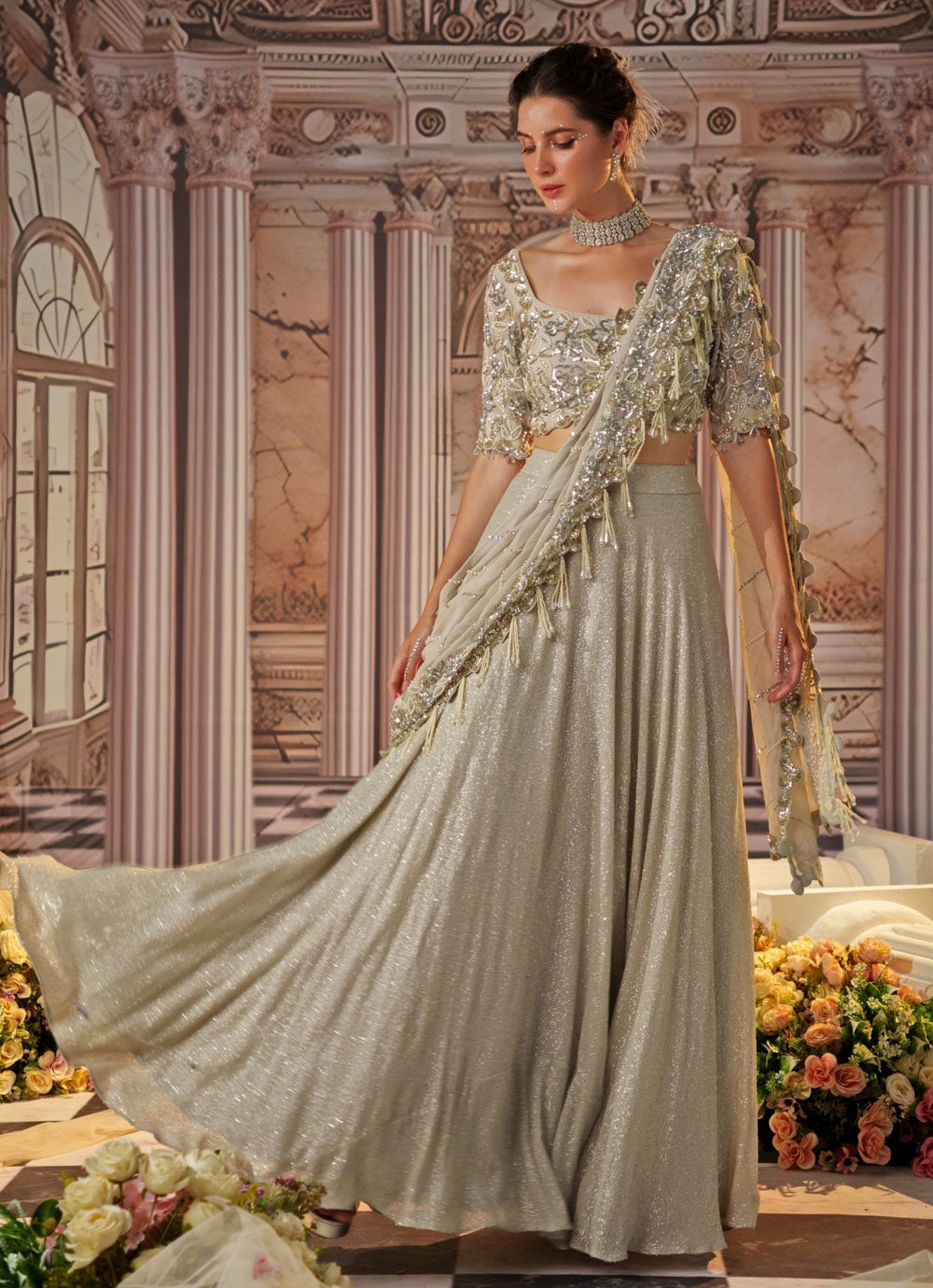 Silver Grey Embroidered Sequence Skirt Saree Nidhika Shekhar - Fabilicious Fashion