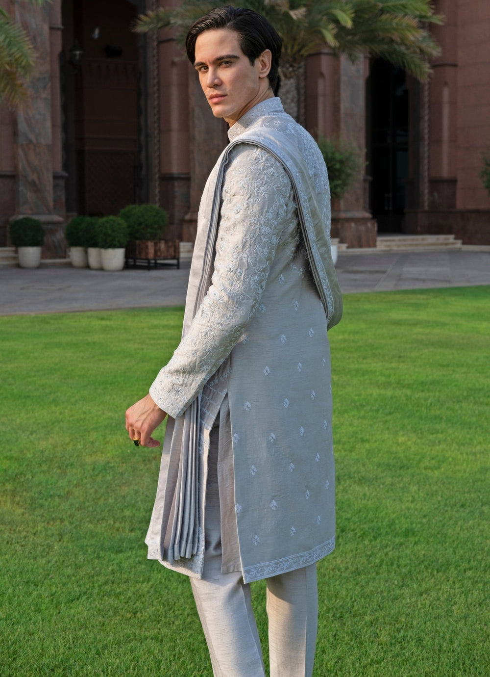 Silver Grey Embroidered Silk Sherwani Set With Dupatta Jigar and Nikita - Fabilicious Fashion