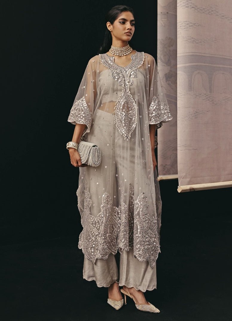 Silver Grey Soft Net Mirrorwork Kaftan Palazzo Set Twenty Nine - Fabilicious Fashion