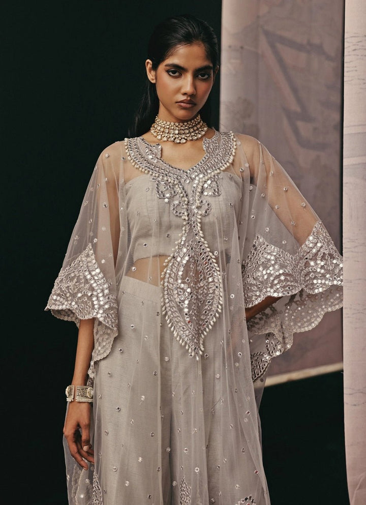 Silver Grey Soft Net Mirrorwork Kaftan Palazzo Set Twenty Nine - Fabilicious Fashion