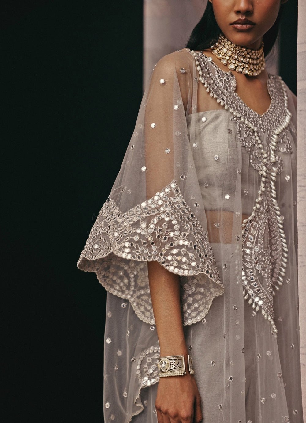 Silver Grey Soft Net Mirrorwork Kaftan Palazzo Set Twenty Nine - Fabilicious Fashion