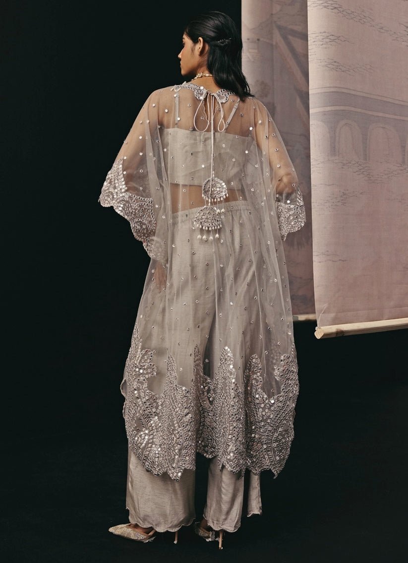 Silver Grey Soft Net Mirrorwork Kaftan Palazzo Set Twenty Nine - Fabilicious Fashion