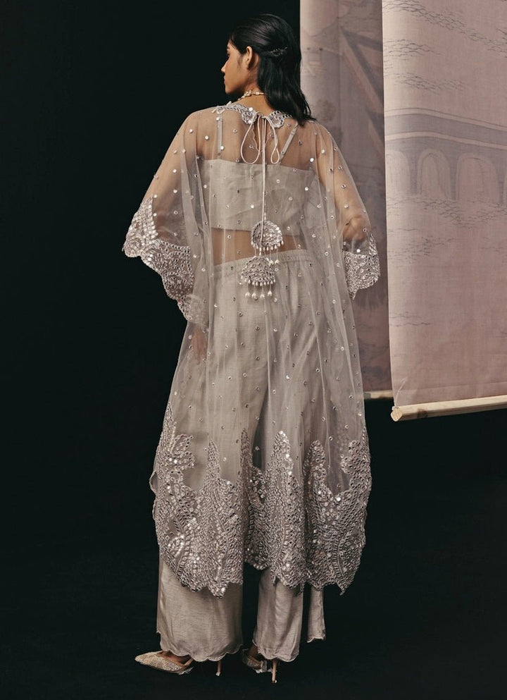 Silver Grey Soft Net Mirrorwork Kaftan Palazzo Set Twenty Nine - Fabilicious Fashion