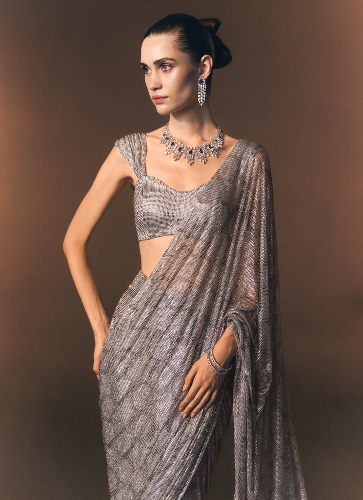 Angad Singh Silver Grey Soft Net Pre-Draped SareeFabilicious Fashion