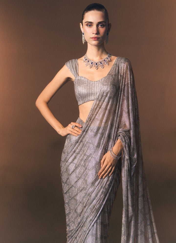 Angad Singh Silver Grey Soft Net Pre-Draped SareeFabilicious Fashion