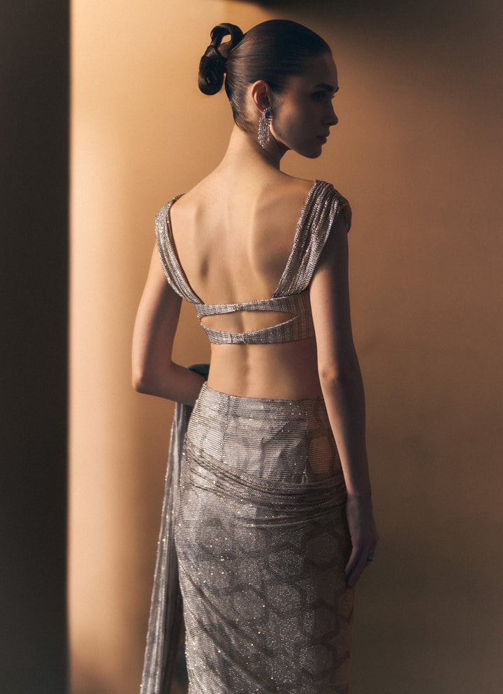 Angad Singh Silver Grey Soft Net Pre-Draped SareeFabilicious Fashion