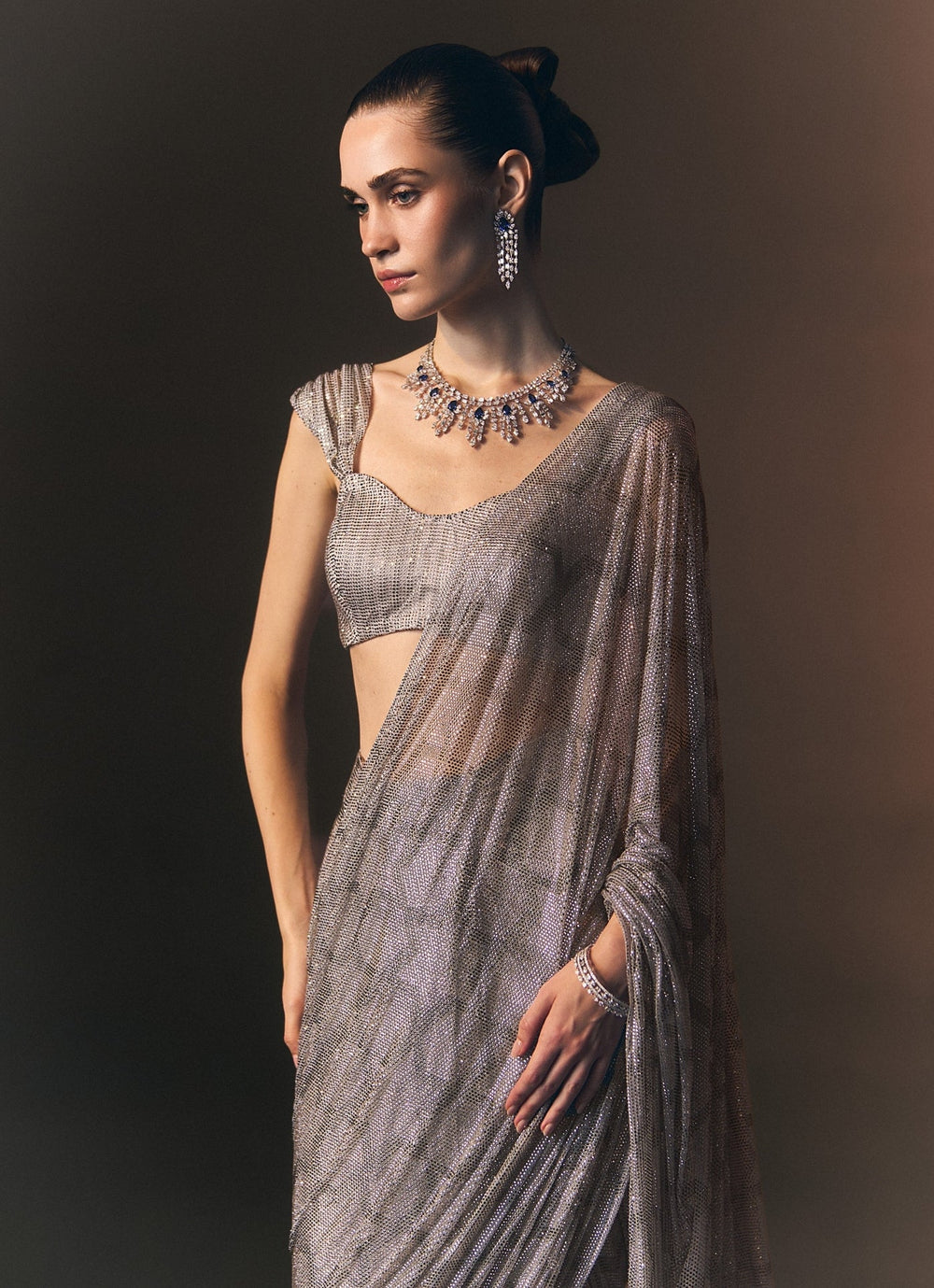 Angad Singh Silver Grey Soft Net Pre-Draped SareeFabilicious Fashion