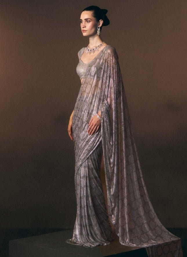Angad Singh Silver Grey Soft Net Pre-Draped SareeFabilicious Fashion