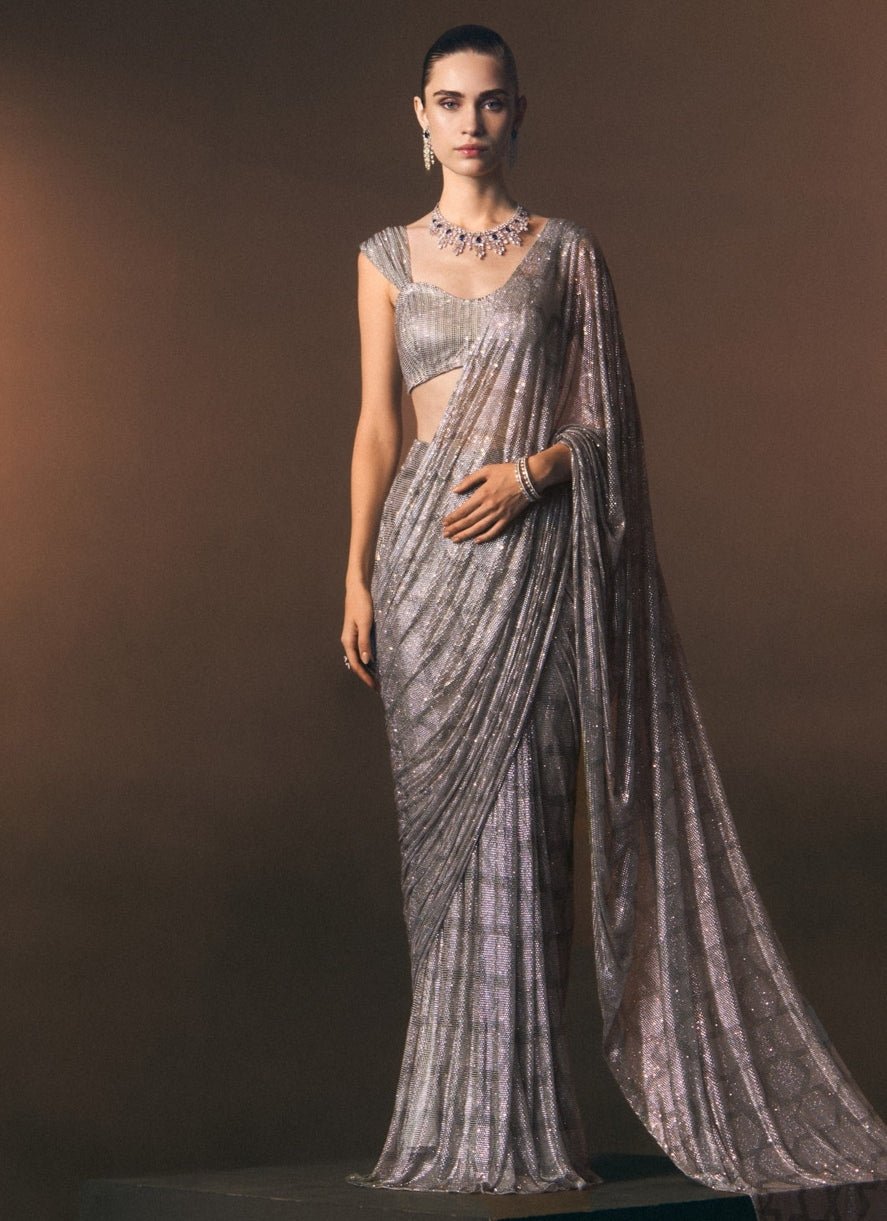 Angad Singh Silver Grey Soft Net Pre-Draped SareeFabilicious Fashion