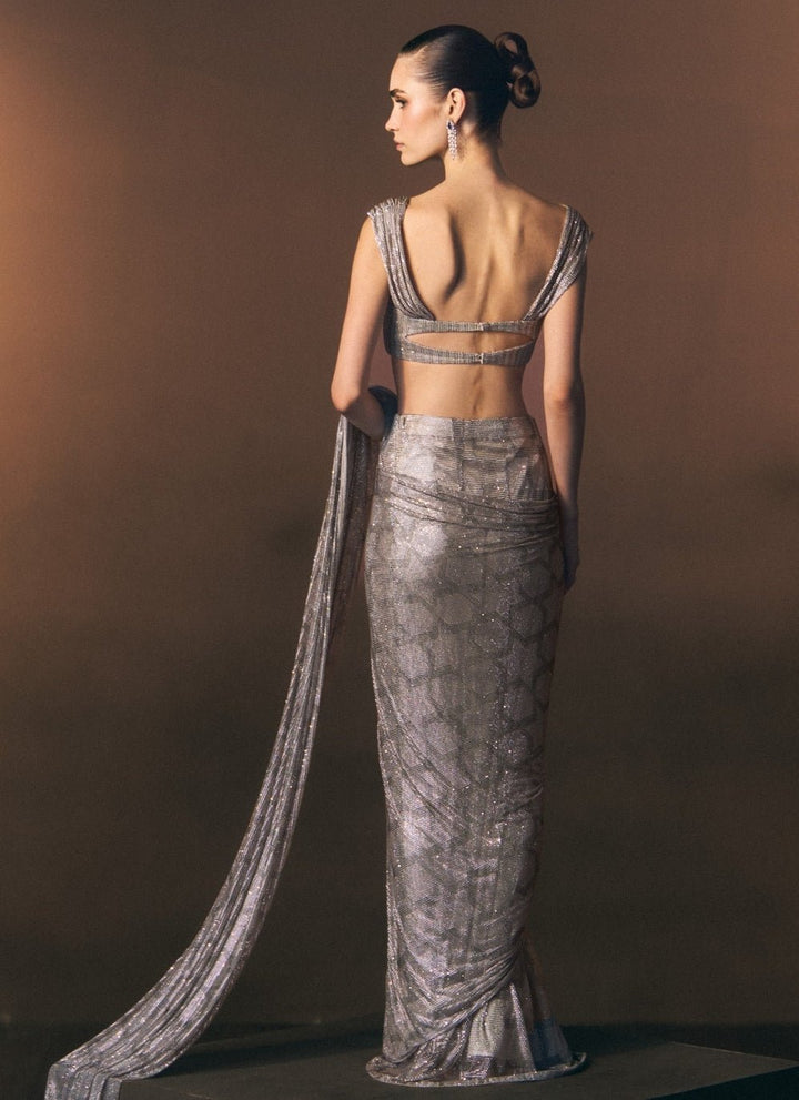 Angad Singh Silver Grey Soft Net Pre-Draped SareeFabilicious Fashion