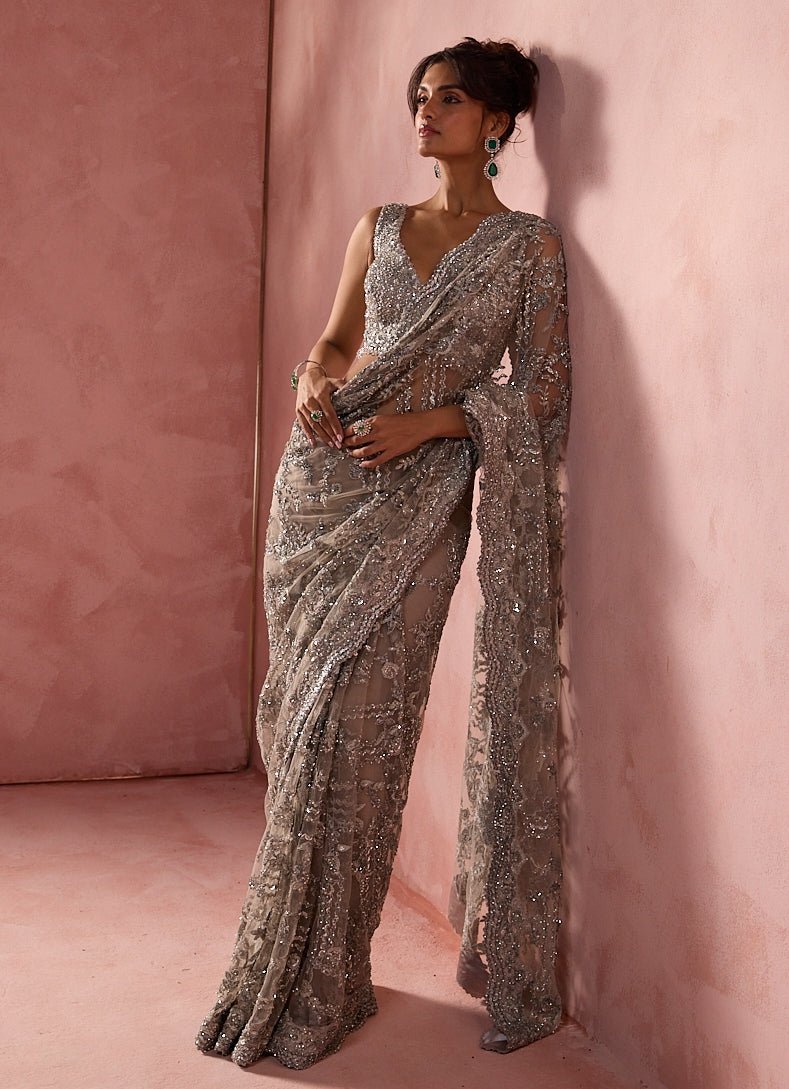 Silver Grey Soft Net Saree Nitika Gujral - Fabilicious Fashion