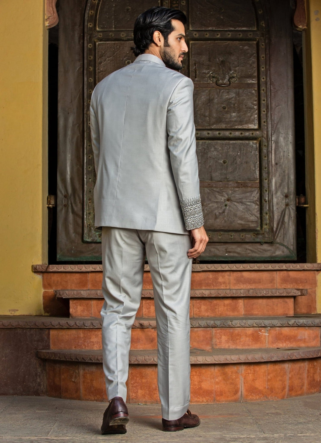 Silver Grey Suiting Jodhpuri Set Nitika Gujral - Men - Fabilicious Fashion