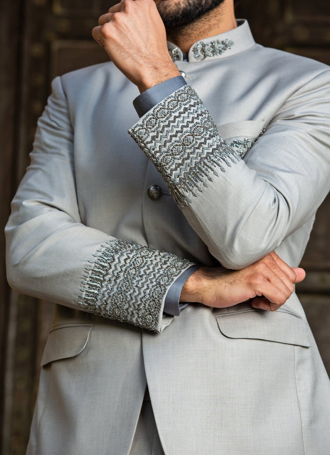 Silver Grey Suiting Jodhpuri Set Nitika Gujral - Men - Fabilicious Fashion
