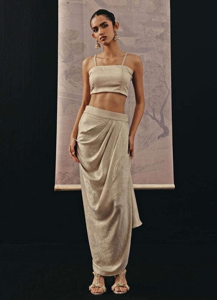 Silver Lycra Drape Skirt Set With Jacket Twenty Nine - Fabilicious Fashion