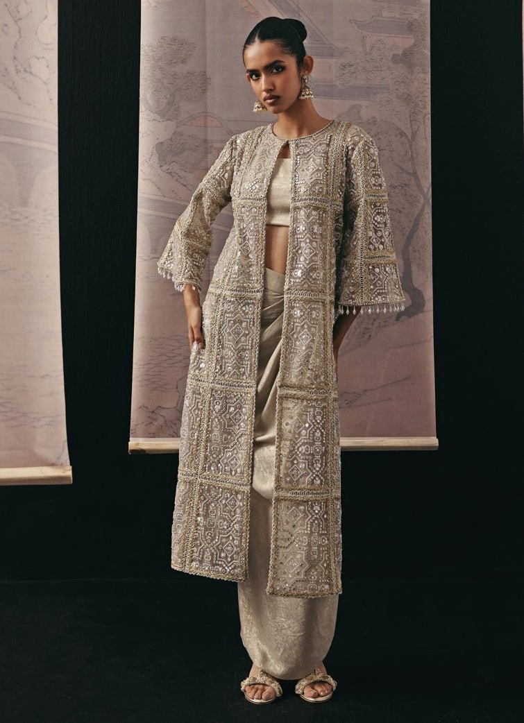 Silver Lycra Drape Skirt Set With Jacket Twenty Nine - Fabilicious Fashion