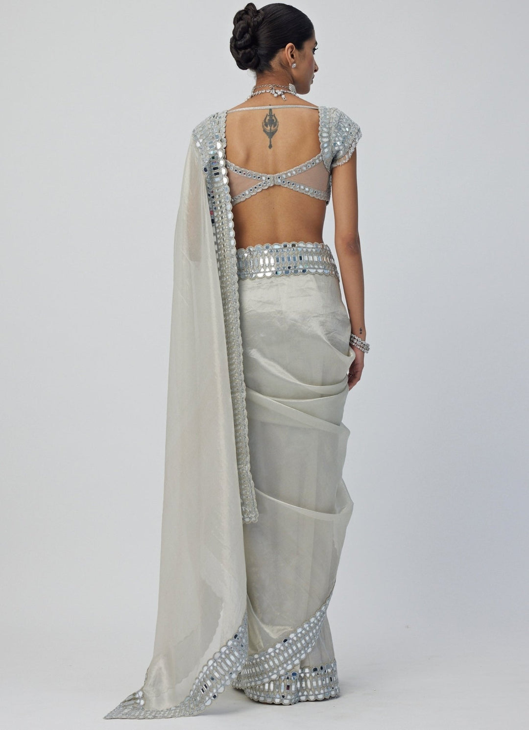 Silver Mirror Organza Saree With Half Sleeves Embroidered Mirror Blouse Vvani By Vani Vats - Fabilicious Fashion
