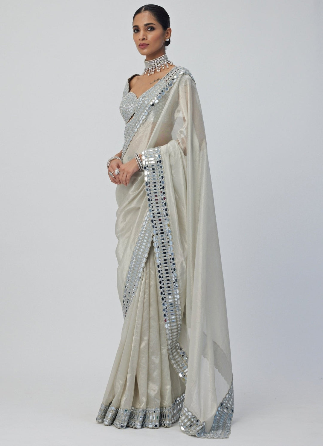 Silver Mirror Organza Saree With Half Sleeves Embroidered Mirror Blouse Vvani By Vani Vats - Fabilicious Fashion