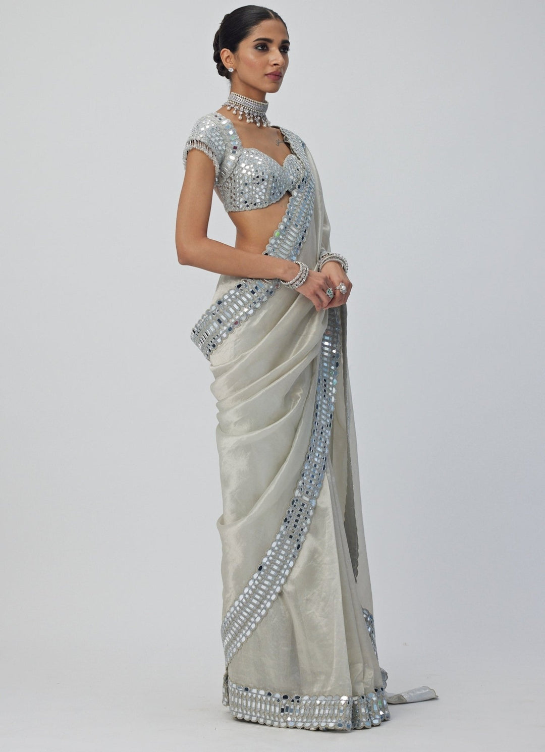 Silver Mirror Organza Saree With Half Sleeves Embroidered Mirror Blouse Vvani By Vani Vats - Fabilicious Fashion